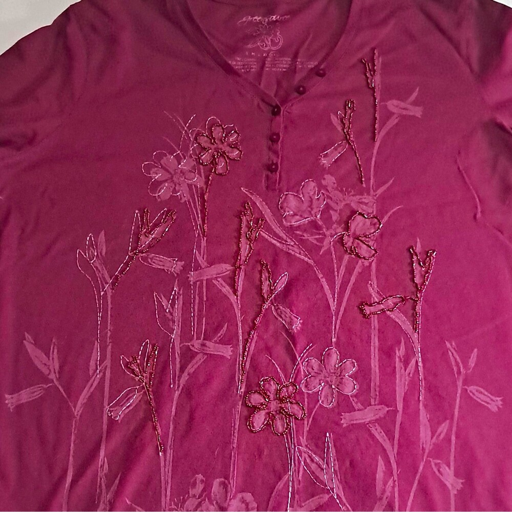 Greensource beaded henley floral shirt 3/4 Sleeve Cotton Knit Top 2XL